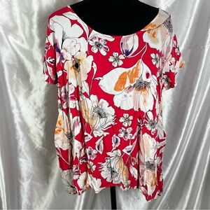🖤Anne Carson Coral Pink Floral Boho Tunic Top XL–XXL Oversized Flowy Resortwear